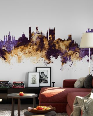 Cambridge England Skyline Purple & Gold Wallpaper