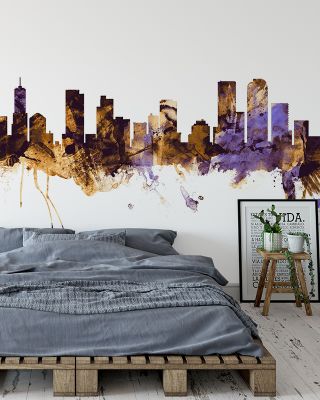 Denver Skyline Purple & Gold Wallpaper