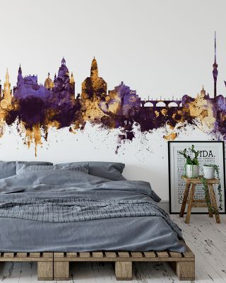 Dresden Germany Skyline Purple & Gold Wallpaper