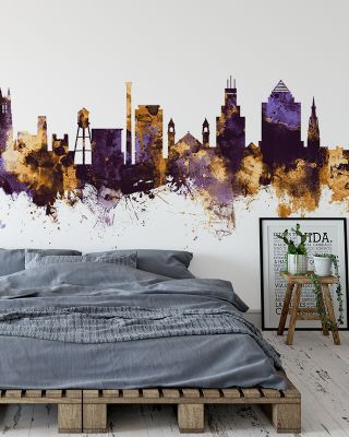 Durham North Carolina Skyline Purple & Gold Wallpaper