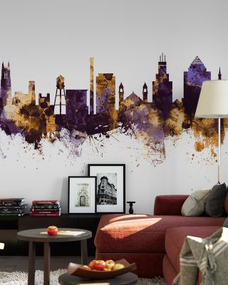 Durham North Carolina Skyline Purple & Gold Wallpaper
