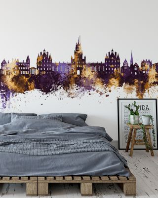 Egham England Skyline Purple & Gold Wallpaper