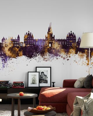 Egham England Skyline Purple & Gold Wallpaper