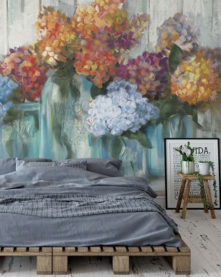 Hydrangeas in Glass Jars Blue Floral Wallpaper