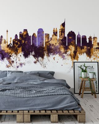 Jakarta Skyline Indonesia Purple & Gold Wallpaper