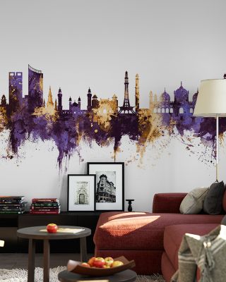 Lahore Pakistan Skyline Purple & Gold Wallpaper