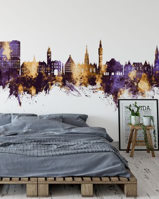Lille France Skyline Purple & Gold Wallpaper