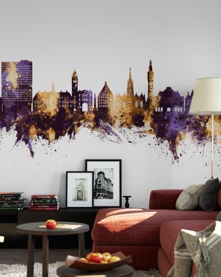 Lille France Skyline Purple & Gold Wallpaper