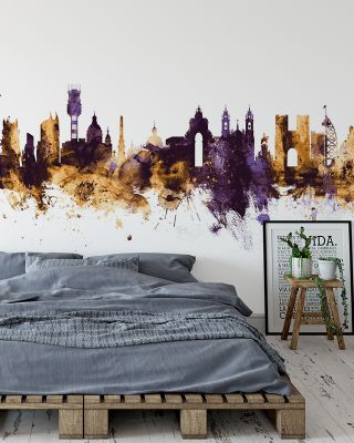 Lisbon Portugal Skyline Purple & Gold Wallpaper