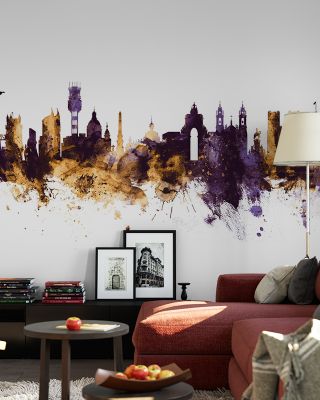 Lisbon Portugal Skyline Purple & Gold Wallpaper