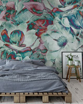 Magnolia Art Floral in Mint and Pink Wallpaper