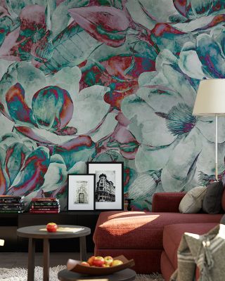 Magnolia Art Floral in Mint and Pink Wallpaper
