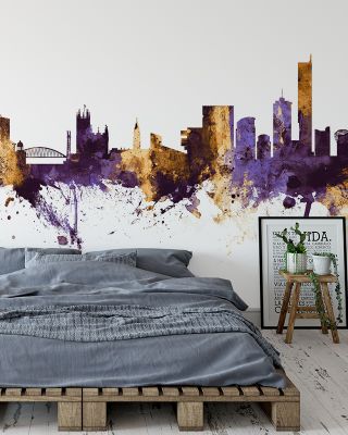 Manchester England Skyline Purple & Gold Wallpaper