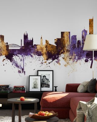 Manchester England Skyline Purple & Gold Wallpaper