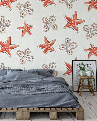 Maritime Stars Red on White Abstract Wallpaper