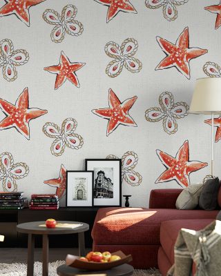 Maritime Stars Red on White Abstract Wallpaper