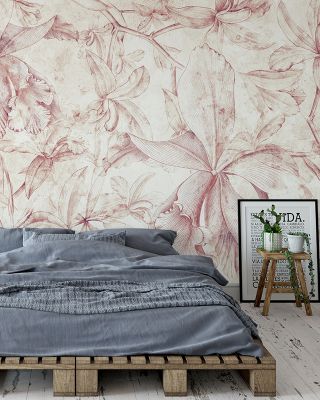 Pink Orchids Sketch Light Floral Wallpaper