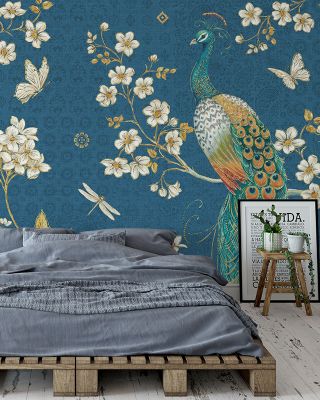 Ornate Peacock II Blue Scenic Wallpaper