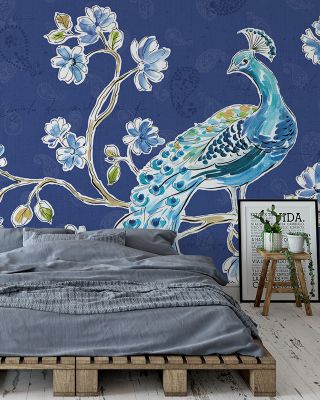 Peacock Allegory II Blue Scenic Wallpaper