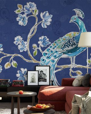 Peacock Allegory II Blue Scenic Wallpaper