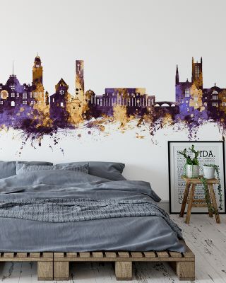 Royal Leamington Spa England Skyline Purple & Gold Wallpaper