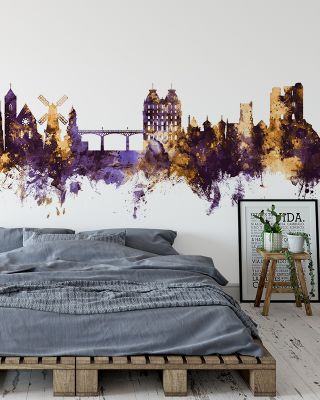 Scarborough England Skyline Purple & Gold Wallpaper