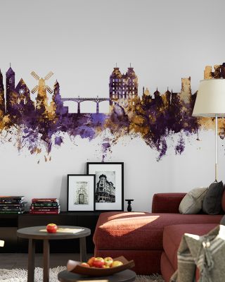 Scarborough England Skyline Purple & Gold Wallpaper