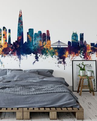 Seoul Skyline Blue & Bronze Wallpaper