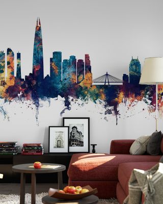 Seoul Skyline Blue & Bronze Wallpaper