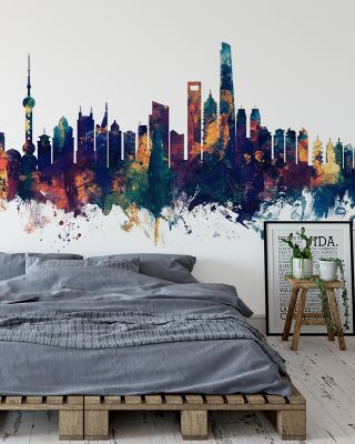 Shanghai China Skyline Blue & Bronze Wallpaper