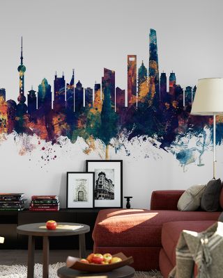 Shanghai China Skyline Blue & Bronze Wallpaper