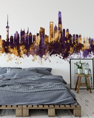 Shanghai China Skyline Purple & Gold Wallpaper