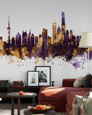 Shanghai China Skyline Purple & Gold Wallpaper