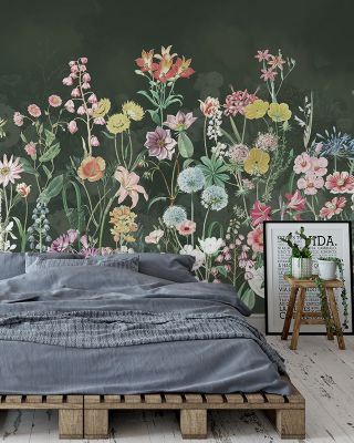Summer Meadow in Dark Green Floral Wallpaper