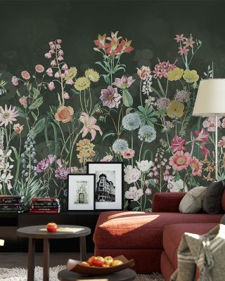 Summer Meadow in Dark Green Floral Wallpaper