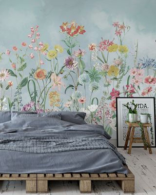 Summer Meadow in Vintage Blue Floral Wallpaper