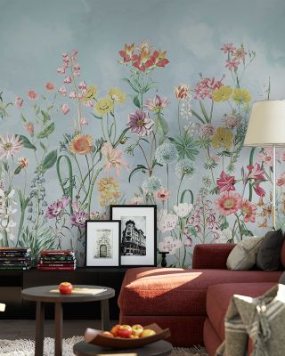 Summer Meadow in Vintage Blue Floral Wallpaper