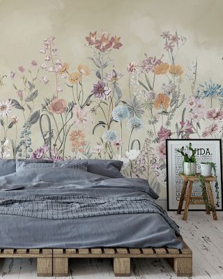 Summer Meadow in Vintage Green Floral Wallpaper