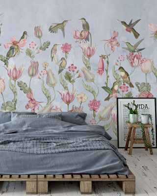 Tulips & Birds, Sky Blue Scenic Wallpaper