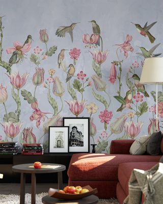 Tulips & Birds, Sky Blue Scenic Wallpaper