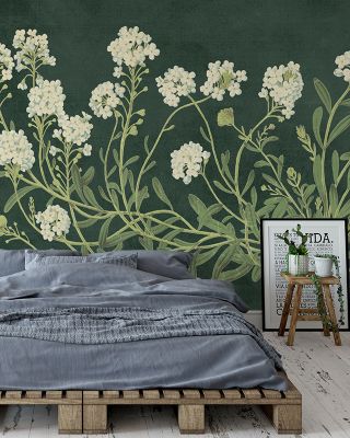 Vintage Flowers on Green Floral Wallpaper