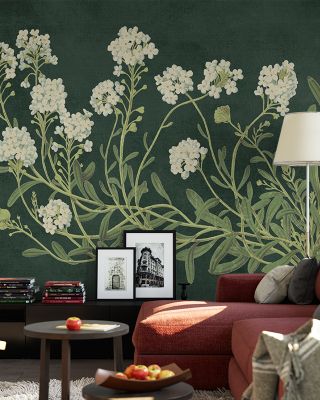 Vintage Flowers on Green Floral Wallpaper
