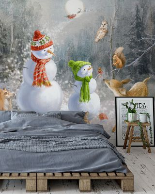 Woodland Snowmen Scenic Wallpaper
