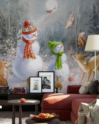 Woodland Snowmen Scenic Wallpaper