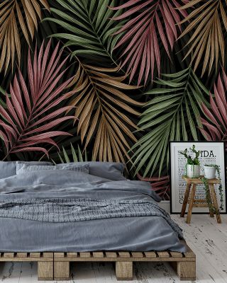 Bright Palms Pattern, Plum & Brown Tropical Wallpaper