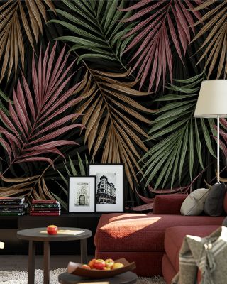 Bright Palms Pattern, Plum & Brown Tropical Wallpaper