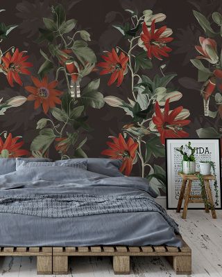 Contemporary Clematis in Dark Green Elegant Floral Wallpaper