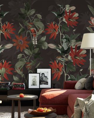 Contemporary Clematis in Dark Green Elegant Floral Wallpaper