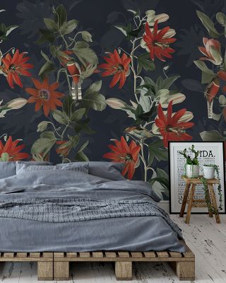 Contemporary Clematis in Navy Luxurious Floral Wallpaper