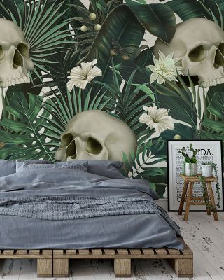 Peonies and Skulls Elegant Floral Gothic Wallpaper